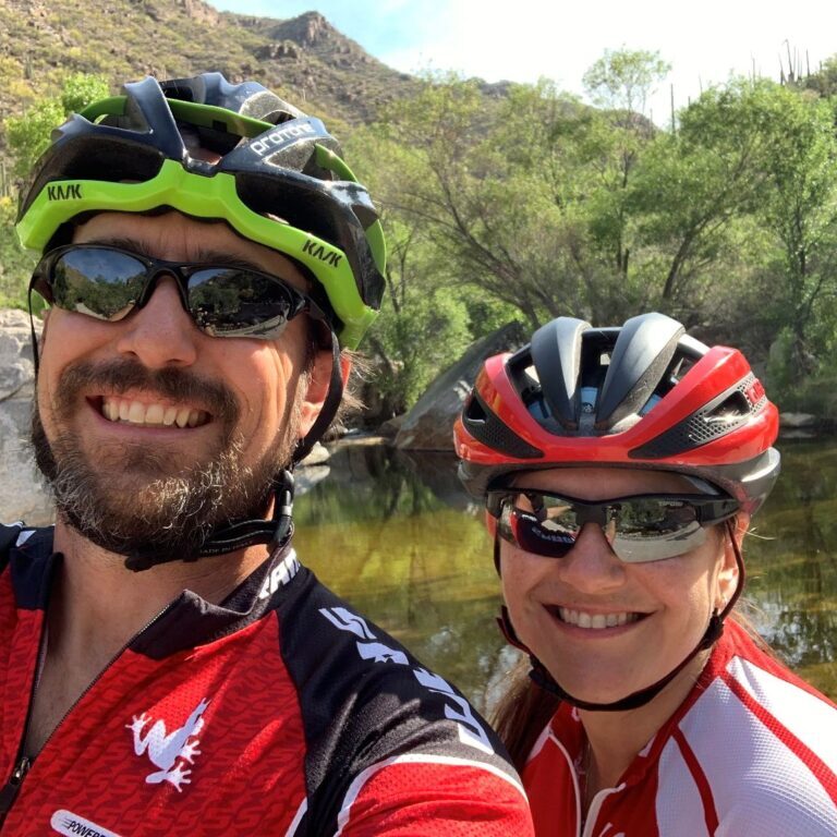 Seton and Debbie Claggett at Sabino Canyon wearing bicycle helmets